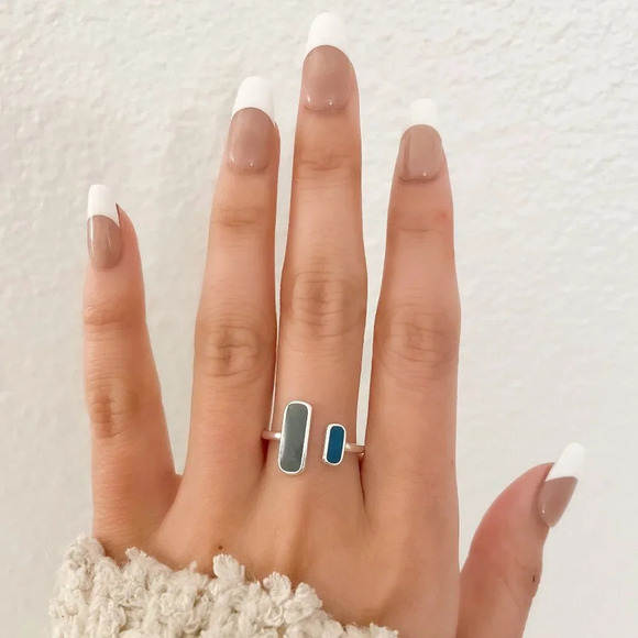 925 Sterling Silver Bar Ring Minimalist Dainty Bar Ring Blue Double Bar Ring - Picture 6 of 9